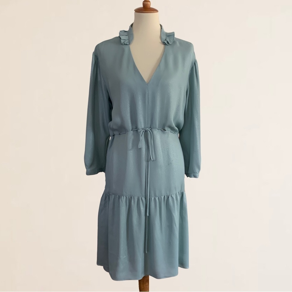 MAIYET Seafoam Green Silk Dress Tie Waist Puff Sleeve Button Cuff